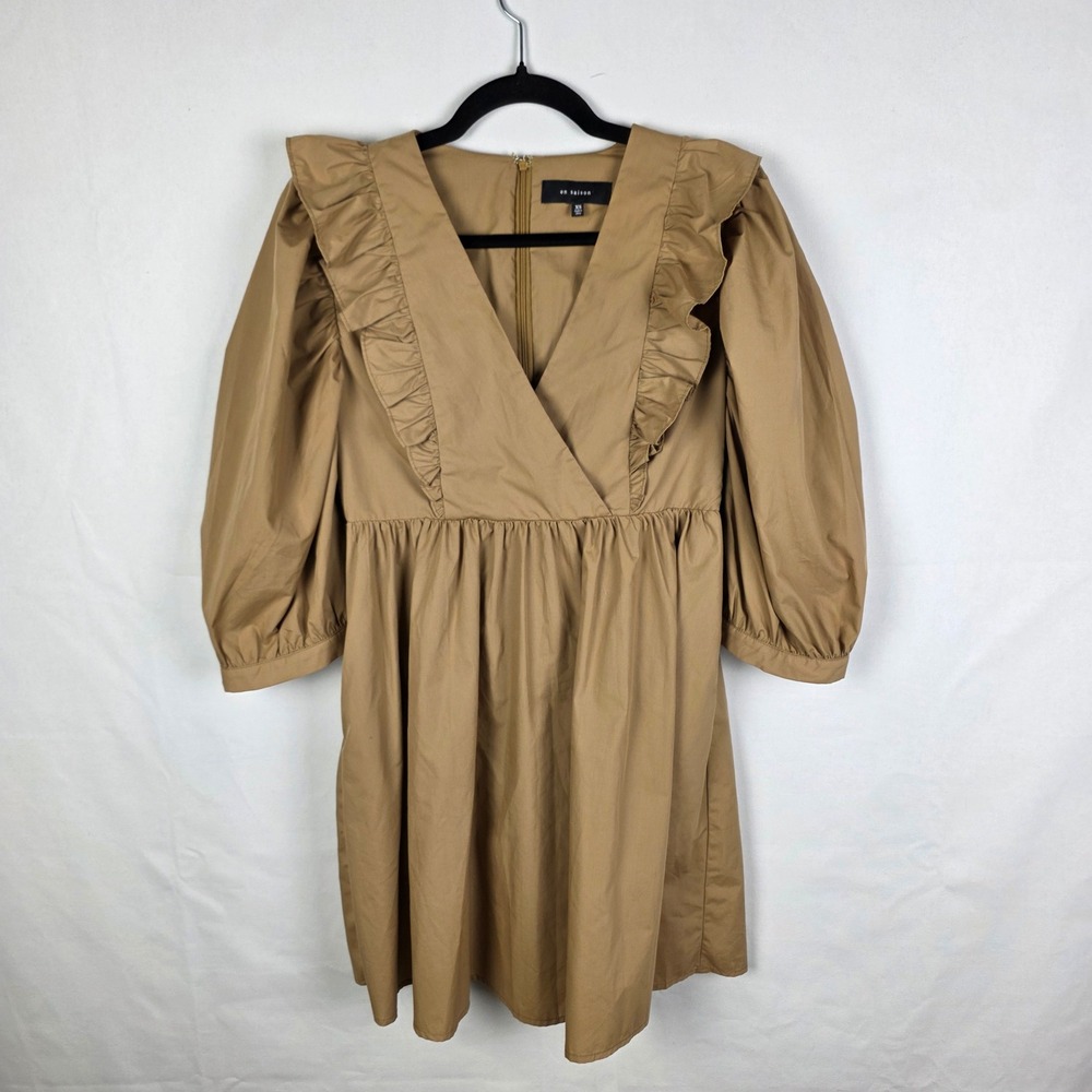 En Saison Tan Ruffle V-Neck Puff Sleeve Mini Dress Khaki XS